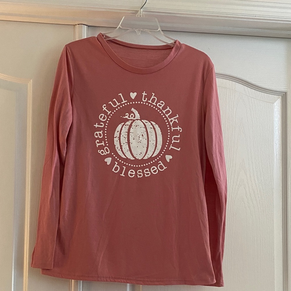 Grateful Thankful Blessed Long Sleeve Tee - Pink/mauve color